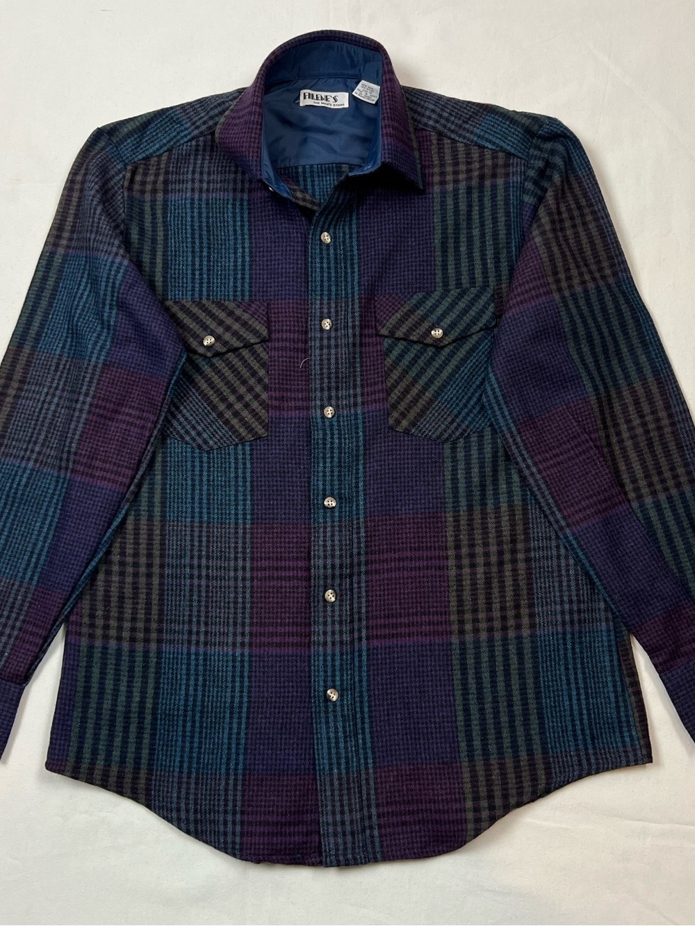 FILENE’S BOSTON Vintage Men’s Flannel Shirt Size S 85% Wool Purple Plaid